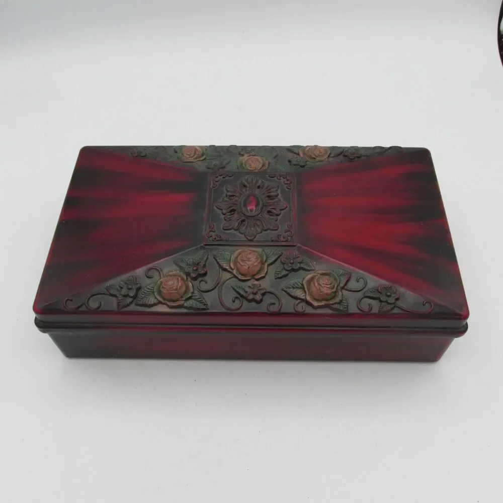 Vtg Faux Wood Resin Jewelry Box Ornate 3D Roses Medallion Trinket Velvet Lined